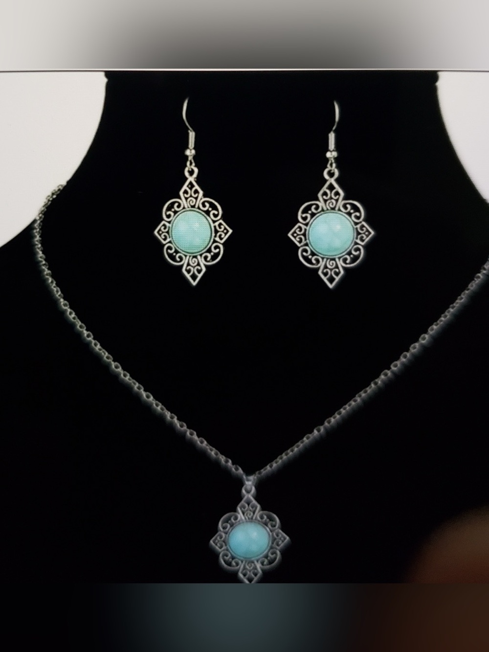 Beginning Boutique Silver-Tone Filigree Earrings with Turquoise Stones